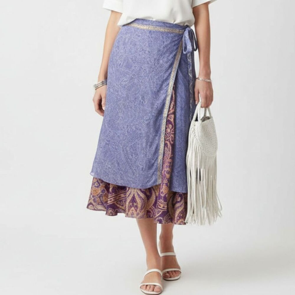 100% Silk Urban Nomad Print Wrap Tie Midi Mid Length Bohemian Skirt OS